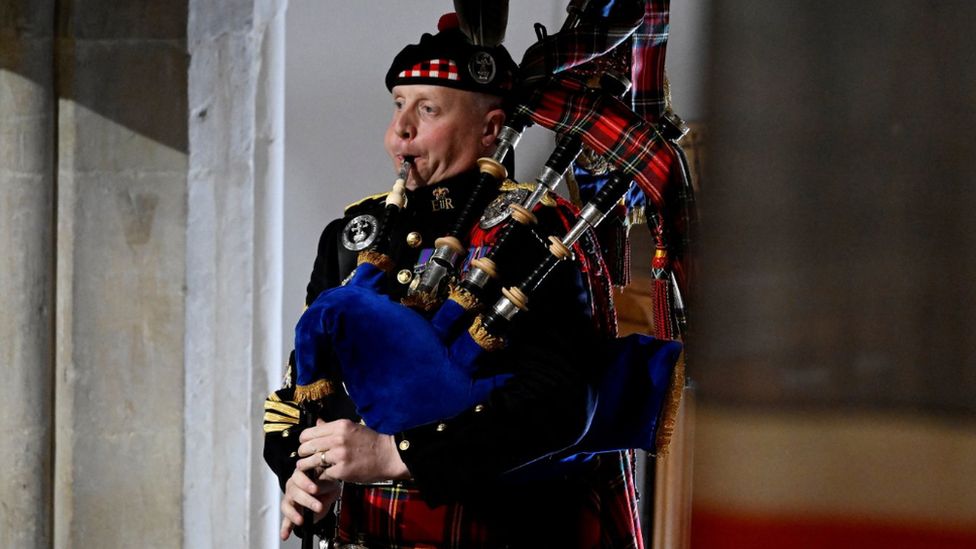Pipe Major Paul Burns, the current Piper to the Sovereign, playing at the funeral of Queen Elizabeth II