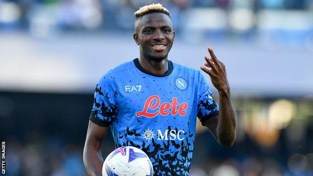 Victor Osimhen celebrates his hat-trick for Napoli against Sassuolo