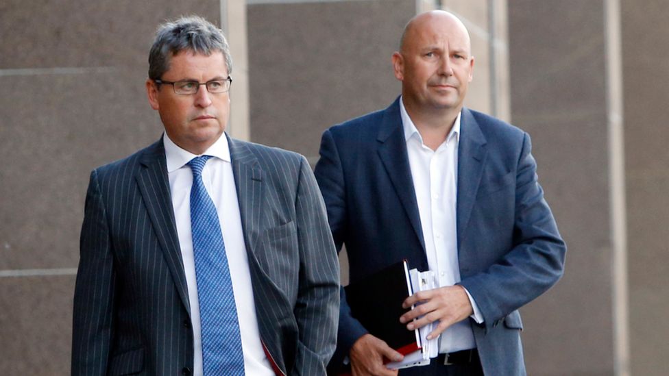 Paul Clark (right) and David Whitehouse (left) leave Glasgow Sheriff Court in 2015