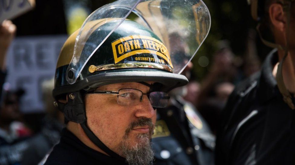 Oath Keepers founder Stewart Rhodes at a Trump rally in 2017