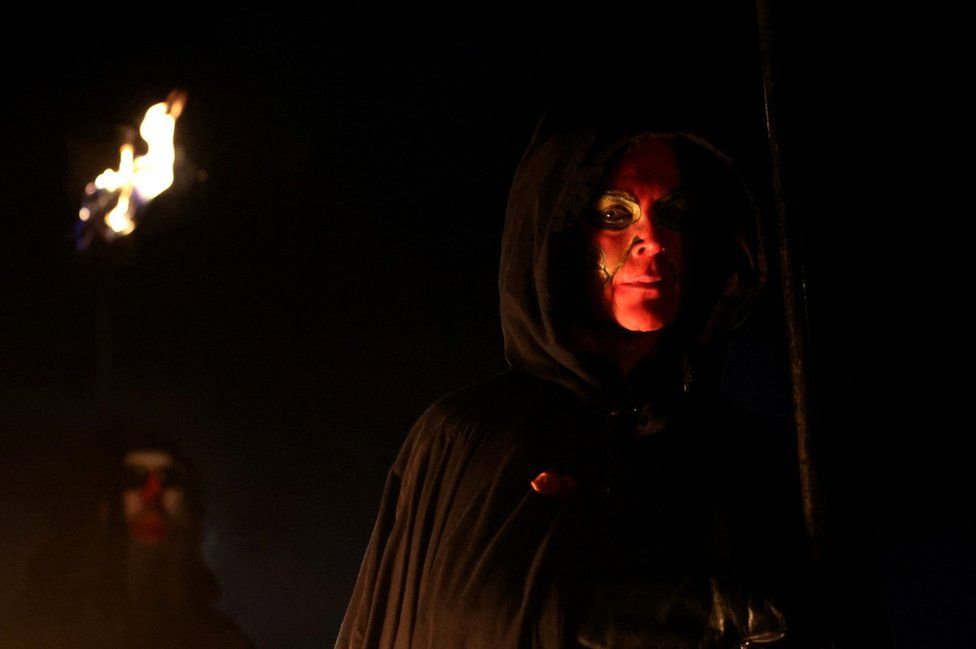 A member of the Beltane Fire Society takes part in the Samhuinn Fire Festival in Edinburgh