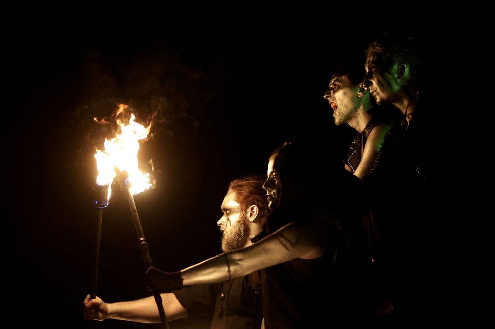 A member of the Beltane Fire Society takes part in the Samhuinn Fire Festival in Edinburgh