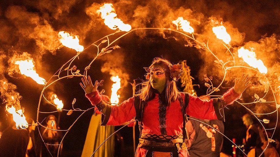 A member of the Beltane Fire Society takes part in the Samhuinn Fire Festival in Edinburgh