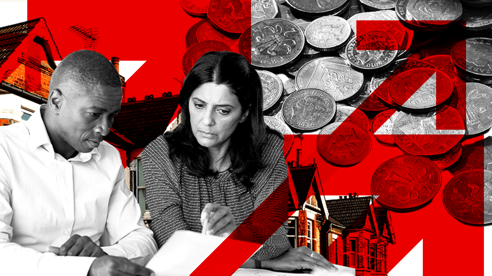 Man and woman looking at bills, houses and coins in the background