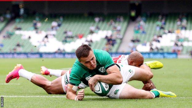 Jacob Stockdale scored on his last appearance in an Ireland shirt, against Japan in July 2021