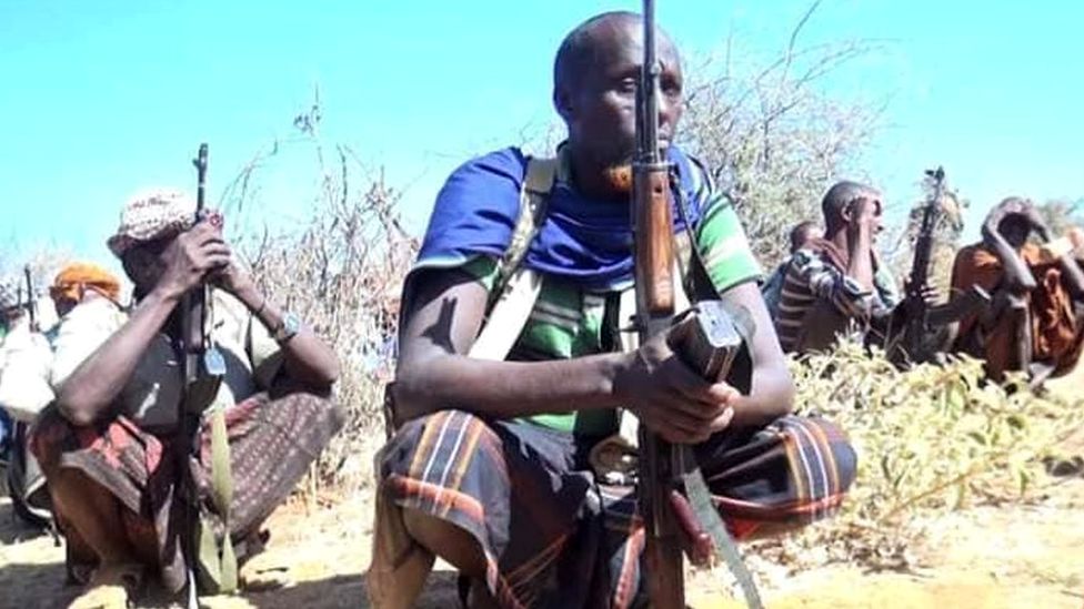 Fighters in sarongs, pictured in Bakool in Somalia in 2019