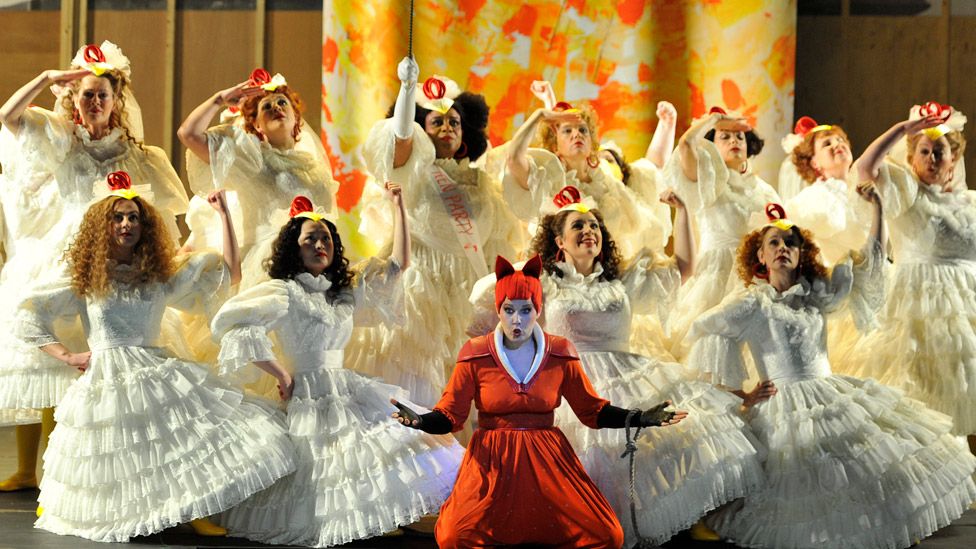 Sally Matthews as Vixen with artists of the company in English National Opera's production of Leos Janacek's The Cunning Little Vixen directed by Jamie Manton and conducted by Martyn Brabbins at London Coliseum on February 16, 2022 in London, England.