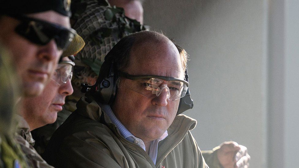 Ben Wallace during a visit to Lydd Army camp in Kent, where Ukrainian volunteers are being trained