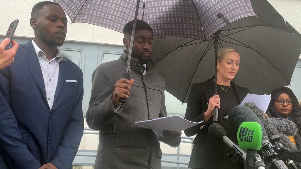 Left to right: Awaab Ishak's father Faisal Abdullah, counsel for the family Christian Weaver, solicitor Kelly Darlington and Awaab's mother Aisha Amin