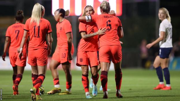 Rachel Daly celebrates scoring for England against Norway