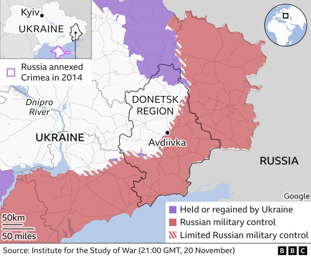 Map showing location of Avdiivka on the front line next to Russian-controlled territory