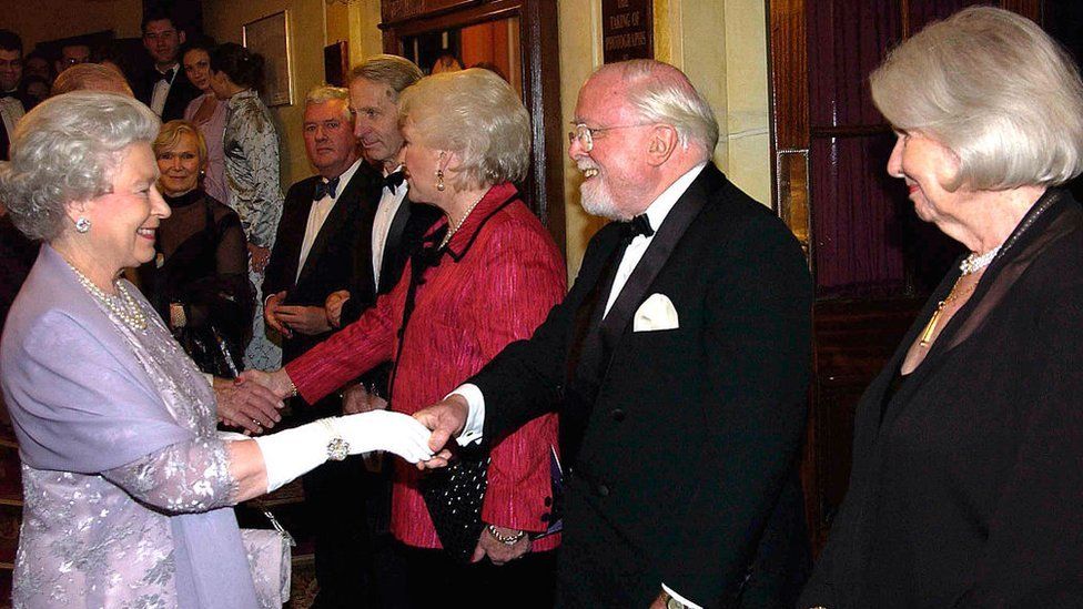 The Queen with former Mousetrap stars Richard Attenborough and Sheila Sim