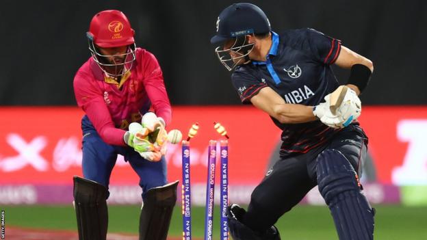 Gerhard Erasmus is bowled out during a game between Namibia and the United Arab Emirates