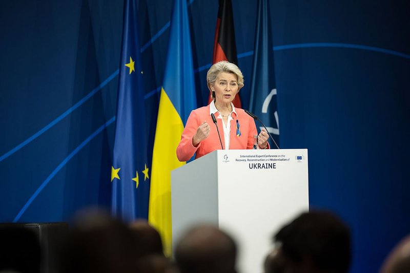 The European Union Friday signed a new $121,855,000 aid package with Ukraine to rebuild war-damaged schools as the EU also imposed new sanctions on Russia. European Commission President Ursula von der Leyen said Russia's attacks against civilian infrastructure are deliberate crimes against millions of innocent people. Photo by German Chancellor Press Office/UPI | <a href="/News_Photos/lp/c28cc9531eb5864156d0ebc67be5a5c7/" target="_blank">License Photo</a>