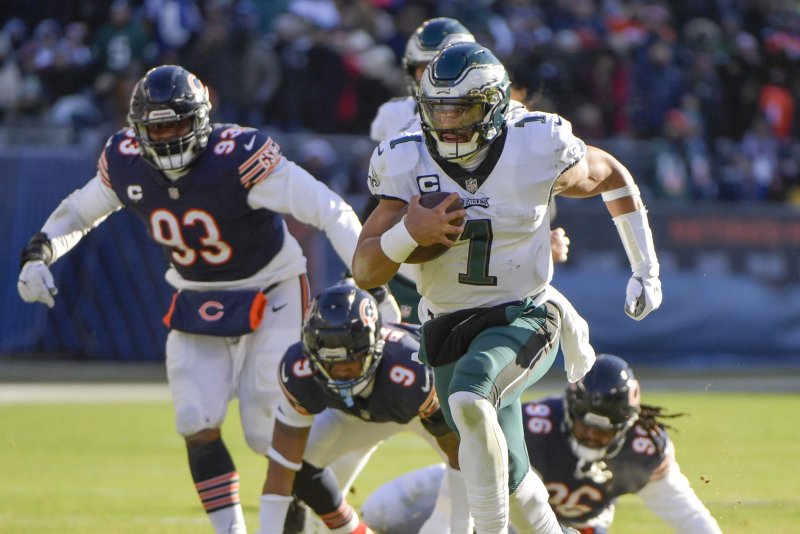 Philadelphia Eagles quarterback Jalen Hurts (1) was selected as the starting quarterback for the NFC at the 2023 Pro Bowl. File Photo by Mark Black/UPI | <a href="/News_Photos/lp/466fee7a75e25418495bd6b7d535dc09/" target="_blank">License Photo</a>