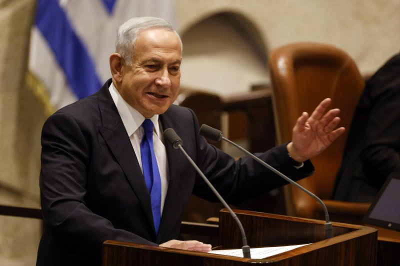 Benjamin Netanyahu speaks during a special session of the Knesset to approve and swear in a new right-wing government in Jerusalem on Thursday. Netanyahu became the Prime Minister of Israel for the third time. Photo by Amir Cohen/UPI | <a href="/News_Photos/lp/a5450dfd9002d8a2f5025a8292e4fcc3/" target="_blank">License Photo</a>