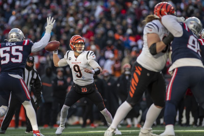 Cincinnati Bengals quarterback Joe Burrow (9) looks for a pass against the New England Patriots on Saturday at Gillette Stadium in Foxborough, Mass. Photo by Amanda Sabga/UPI | <a href="/News_Photos/lp/0d7860cad6b32e8834caabd03246647a/" target="_blank">License Photo</a>