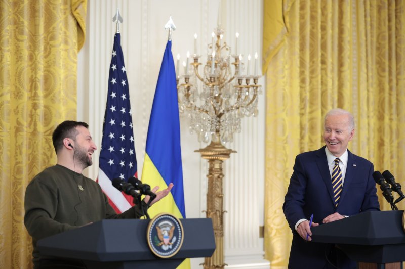 President Volodymyr Zelensky of Ukraine (L) speaks during a joint press conference with President Joe Biden at the White House in Washington, D.C., on Wednesday. Photo by Oliver Contreras/UPI | <a href="/News_Photos/lp/f57eef109bf1420857ca6a9cb71d3f59/" target="_blank">License Photo</a>