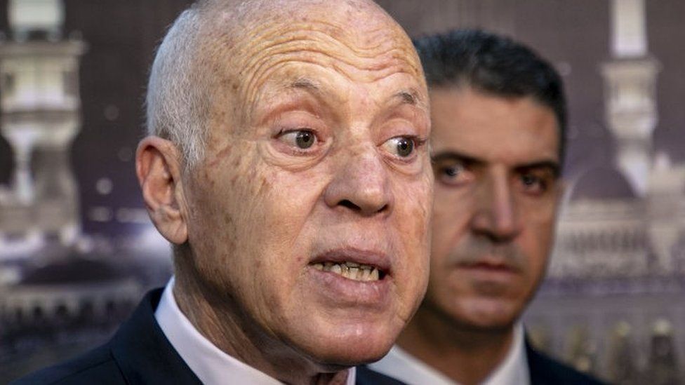 Tunisian President Kais Saied speaks to press as he arrives Tunis-Carthage International Airport to bid farewell to the prospective Hajj pilgrims before their departure to Saudi Arabia to perform Hajj pilgrimage in Tunis, Tunisia on July 21, 2022