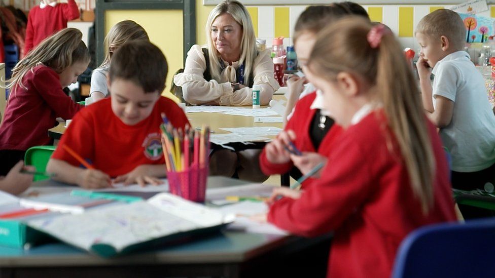 Headteacher Louise Jones in a class with pupils