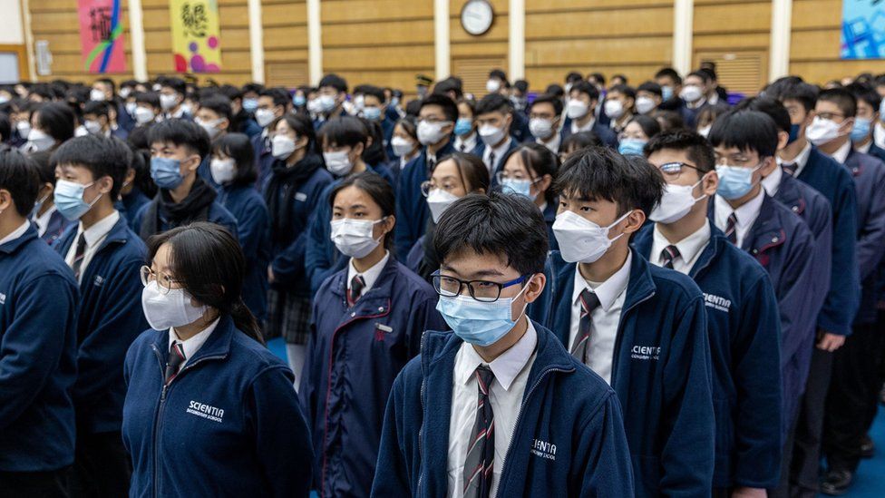 Students at a Hong Kong school at an assembly memorialising Jiang Zemin