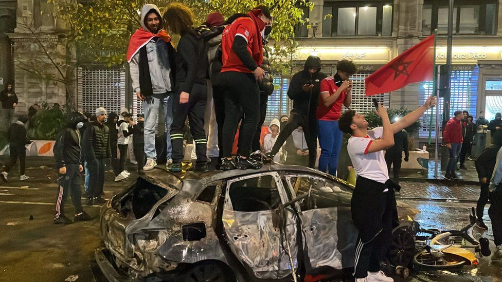 A view of streets after Morocco's victory over Belgium at the World Cup Qatar 2022 Group F football match, on November 27, 2022