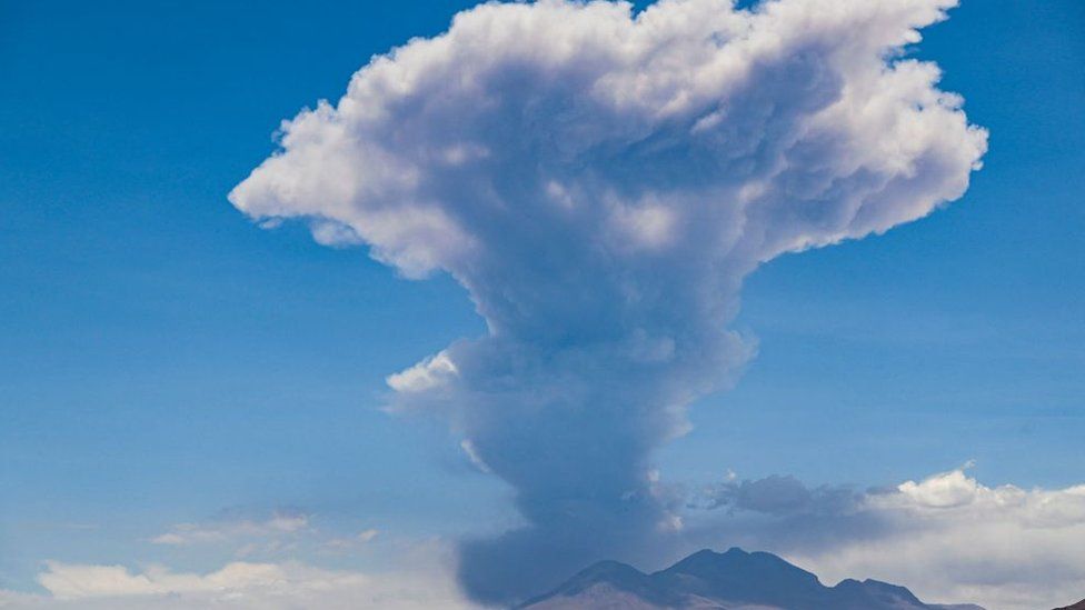 View of the Lascar volcano during an eruptive pulse in Peine, in Chile's Antofagasta region