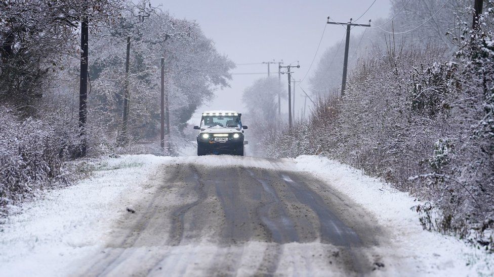 A car driving along an icy road in Kent