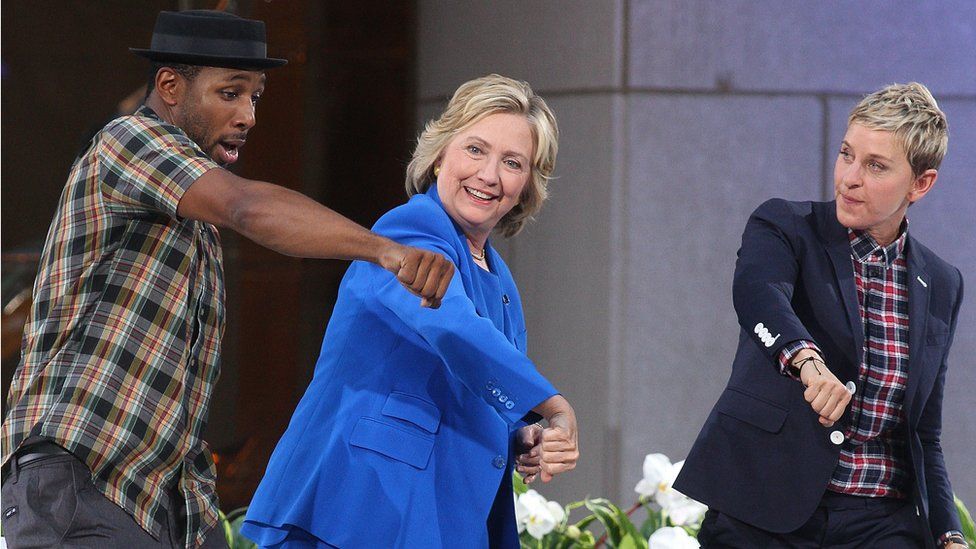 DJ Stephen 'Twitch' Boss dancing with Hillary Clinton and Ellen DeGeneres on the show in 2015