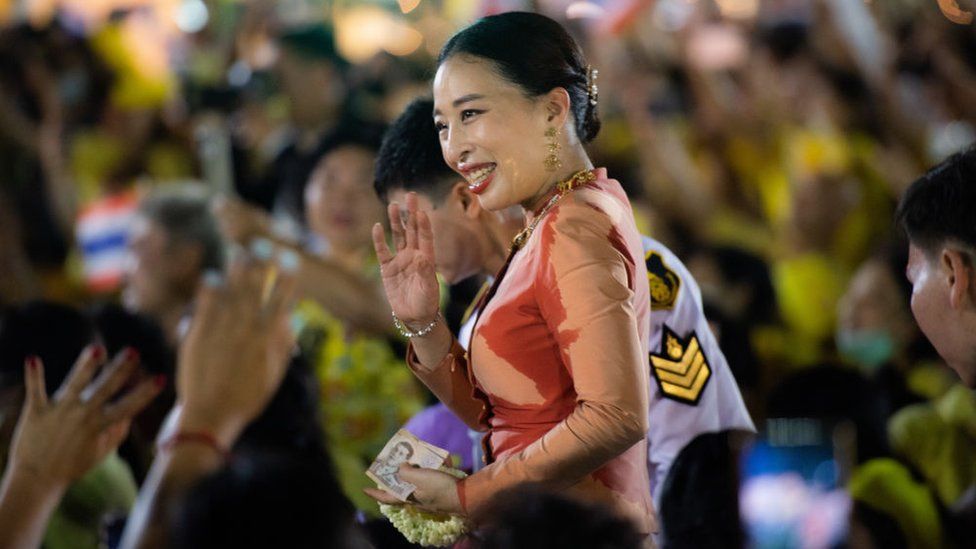 Princess Bajrakitiyabha greets royalist supporters outside the Grand Palace in Bangkok on November 1, 2020 in Bangkok.