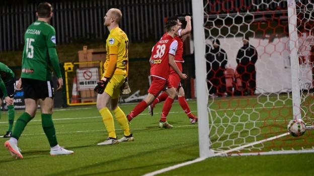 Celebration time for Kris Lowe as he finds the Glentoran net in Tuesday night's game