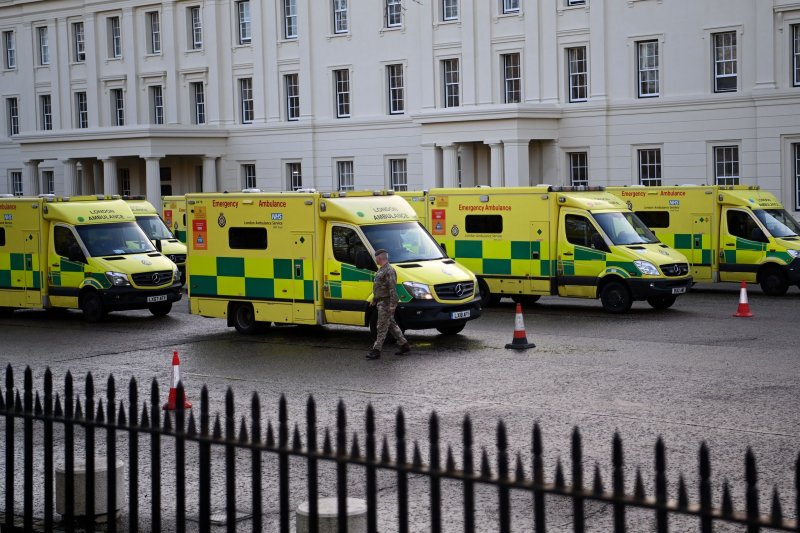 Ambulance crews, including drivers, paramedics, call handlers and technicians are striking Wednesday across parts of England and Wales, in a dispute over pay and staffing levels. Photo by Andy Rain/EPA-EFE