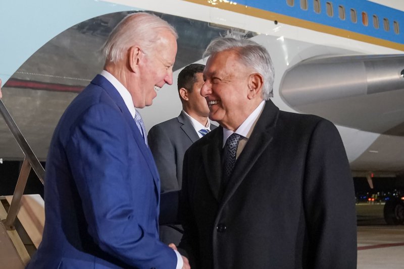 Mexican President Andres Manuel Lopez Obrador welcomes President Joe Biden at the Felipe Angeles International Airport in Zumpango de Ocampo, on Sunday. Biden arrived in Mexico City to attend the North American Leaders' Summit which is to be held on Monday and Tuesday. File Photo by Mexican President Press Office/UPI