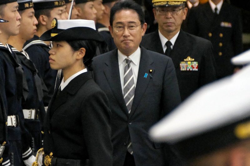 Japan's Prime Minister Fumio Kishida receives a salute of guards of honor at Sagami Bay in Kanagawa-Prefecture, Japan on November 6, 2022. He signed a defense agreement with Britain on Wednesday. File Photo by Keizo Mori/UPI