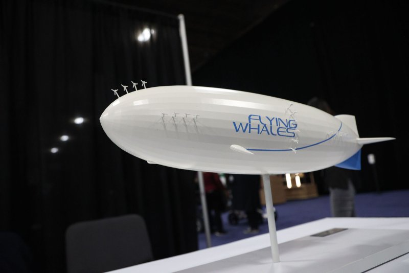 At this year's CES, Flying Whales displayed a model of their environment-friendly airship that is designed to carry heavy loads over long distances. Photo by James Atoa/UPI | <a href="/News_Photos/lp/7b9f1fda09f3dba3bdcb7ebf961de26a/" target="_blank">License Photo</a>