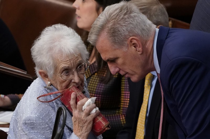 Minority Leader Kevin McCarthy, R-CA, speaks to another member on the first day of the 118th Congress at the US Capitol in Washington, DC on Tuesday. McCarthy failed to win the speakership on the first three ballots. Photo by Ken Cedeno/UPI | <a href="/News_Photos/lp/e1e7125b2a0ceebe296de2e5b2433911/" target="_blank">License Photo</a>