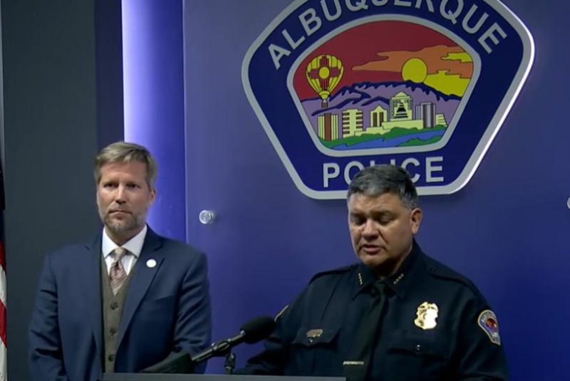 Albuquerque Mayor Tim Keller and Police Chief Harold Medina take part in a news conference Thursday on the shooting at the homes of politicians. Photo courtesy of KOB-TV