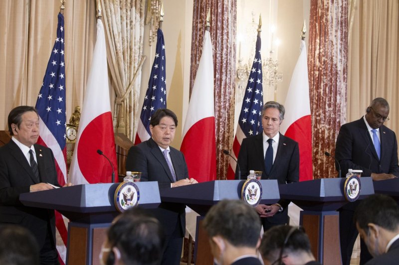 Defense Minister of Japan Hamada Yasukazu, Foreign Minister of Japan Hayashi Yoshimasa, U.S. Secretary of State Antony Blinken and U.S. Secretary of Defense Lloyd Austin participate in a news conference Wednesday on the outcomes of the 2023 U.S.-Japan Security Consultative Committee meeting, at the State Department in Washington, D.C. Photo by Michael Reynolds/EPA-EFE/