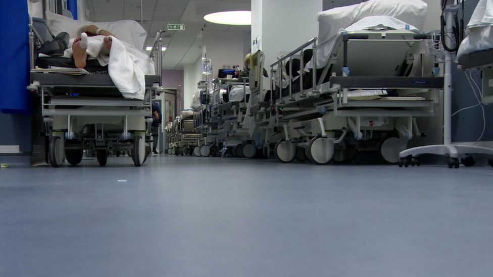 Patients waiting on trolleys in the emergency department of the Royal Victoria Hospital in Belfast