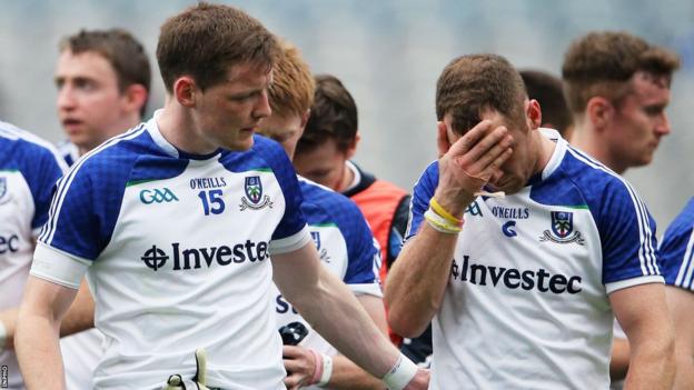 Conor McManus consoles then team-mate Vinny Corey after Monaghan's All-Ireland quarter-final defeat by Dublin in 2018