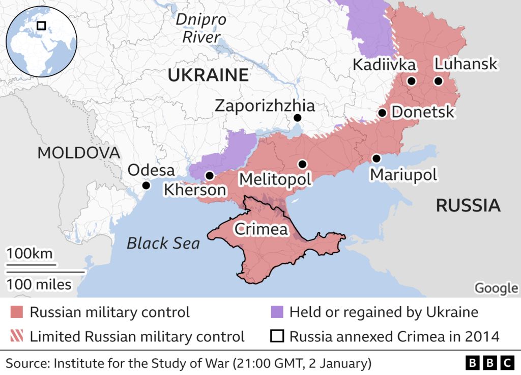 Map showing control of areas of Ukraine