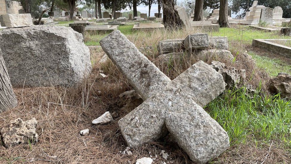 Desecrated graves at the Mount Zion cemetery in Jerusalem