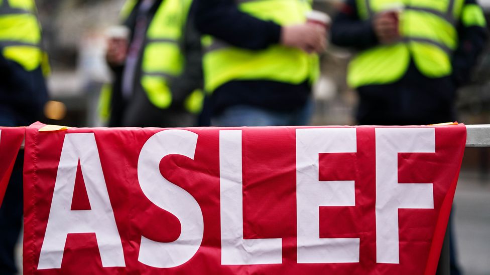 Members of the Aslef Union picket at New Street station in Birmingham, 5 January 2023