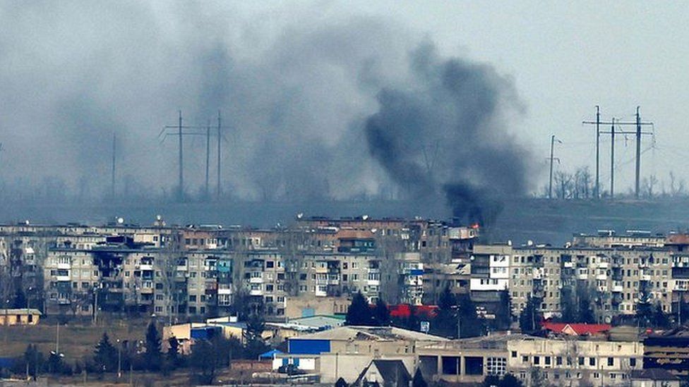 Smoke rises from strikes on the frontline city of Soledar