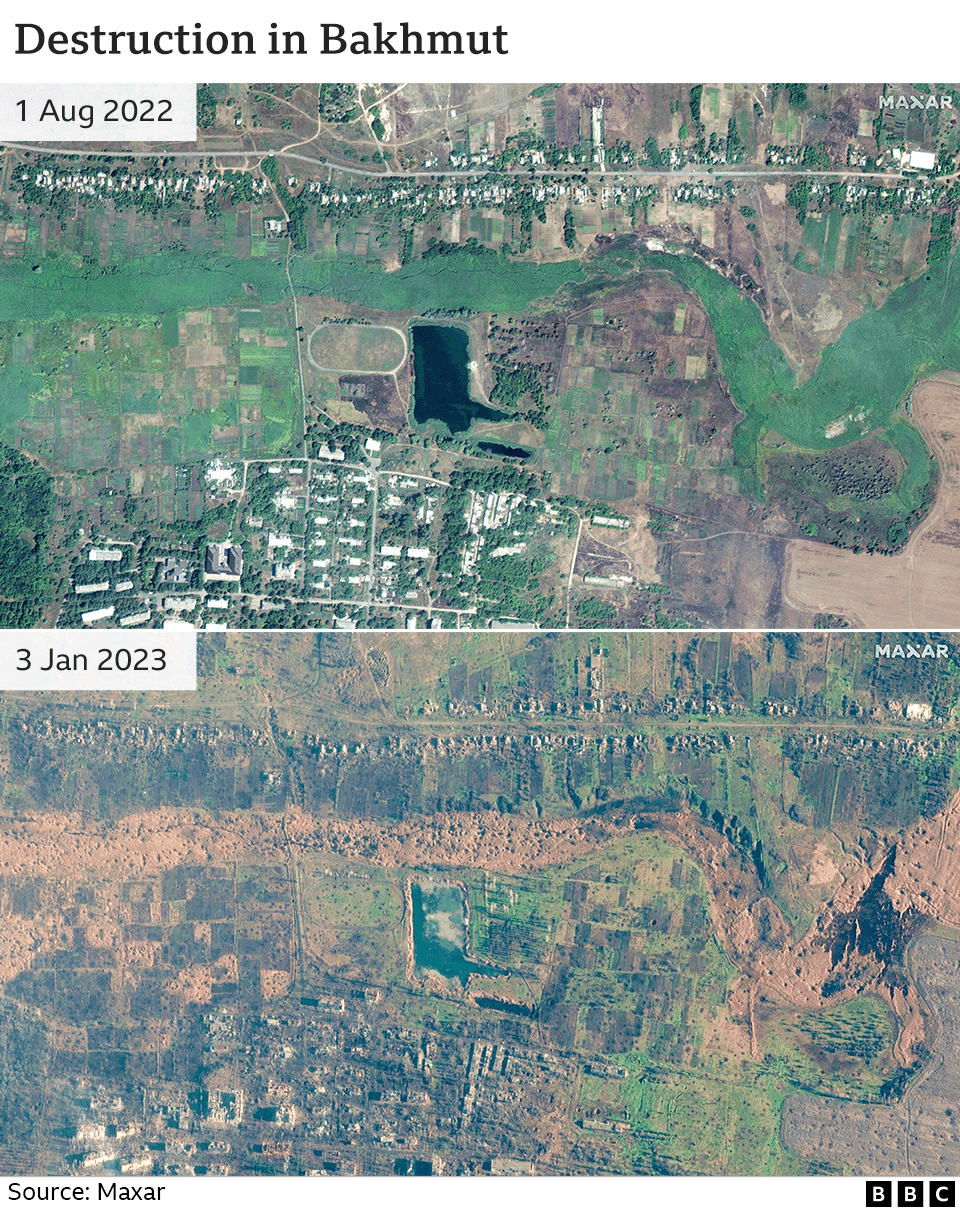 Before and after images showing damage in Bakhmut