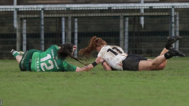 Niamh Marley (right) touches down for her first Ulster try in the game against Connacht last Saturday