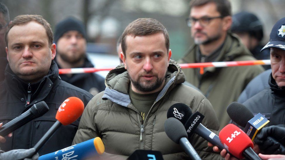 Kyrylo Tymoshenko speaking at an outdoor press conference after a fatal helicopter crash in January