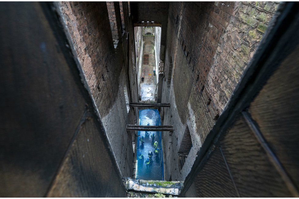 View down through the floors along the main corridor in the Glasgow School of Art's Mackintosh building in Glasgow, which was significantly damaged by fire on 15 June 2018.