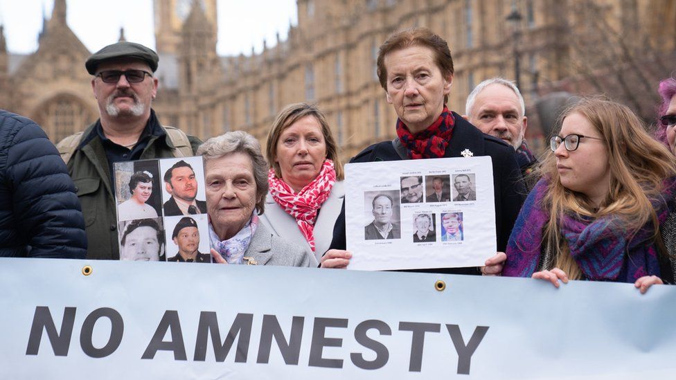 Members of the South East Fermanagh Foundation (SEFF) victims group protested outside the Houses of Parliament