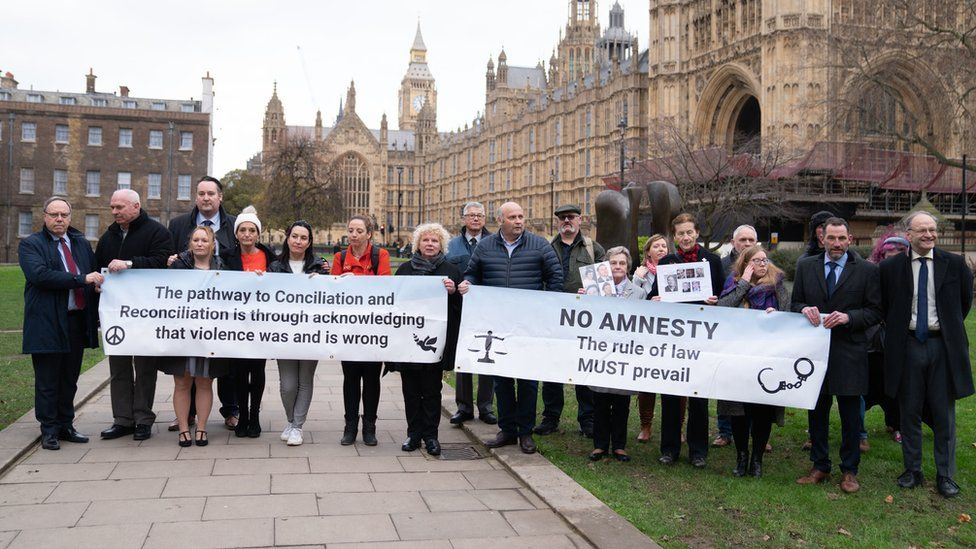 Members of the South East Fermanagh Foundation (SEFF) victims group unveiled banners opposing the bill